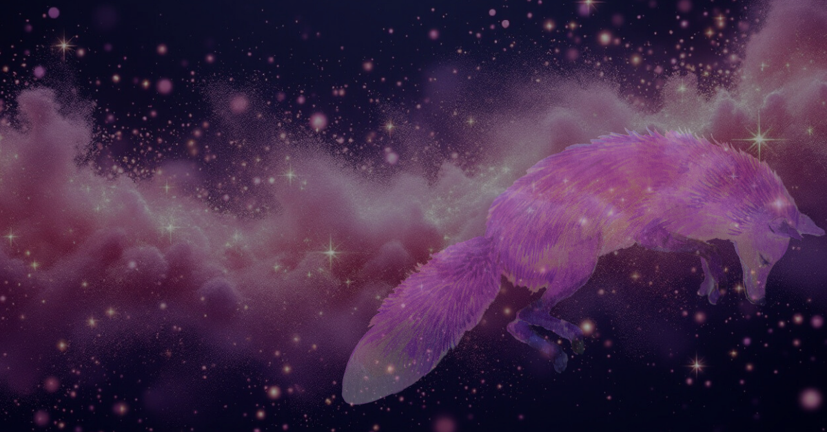 a translucent purple fox jumps in the starry sky.