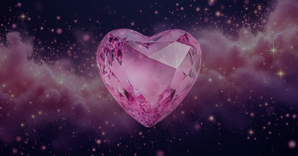 A pink translucent gemstone heart in front of a purple starry sky with pink clouds.