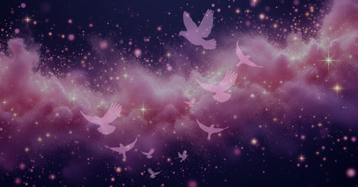 the outline of birds breaking free in the starry sky.