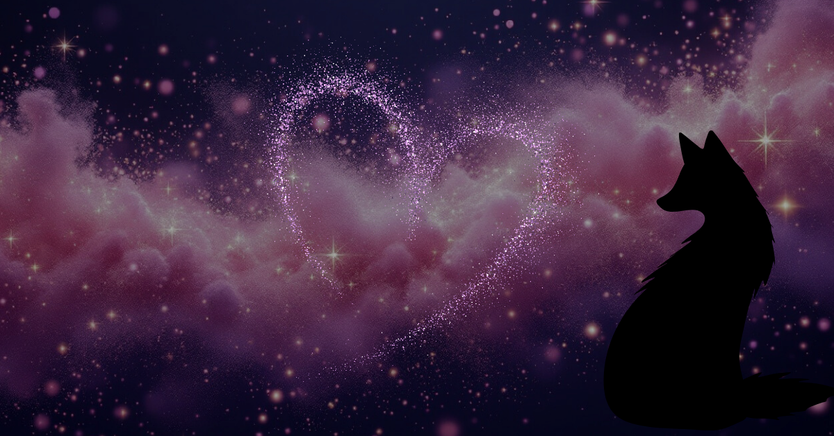 a glittery heart sparkles in the starry sky while the dark outline of a fox looks on.