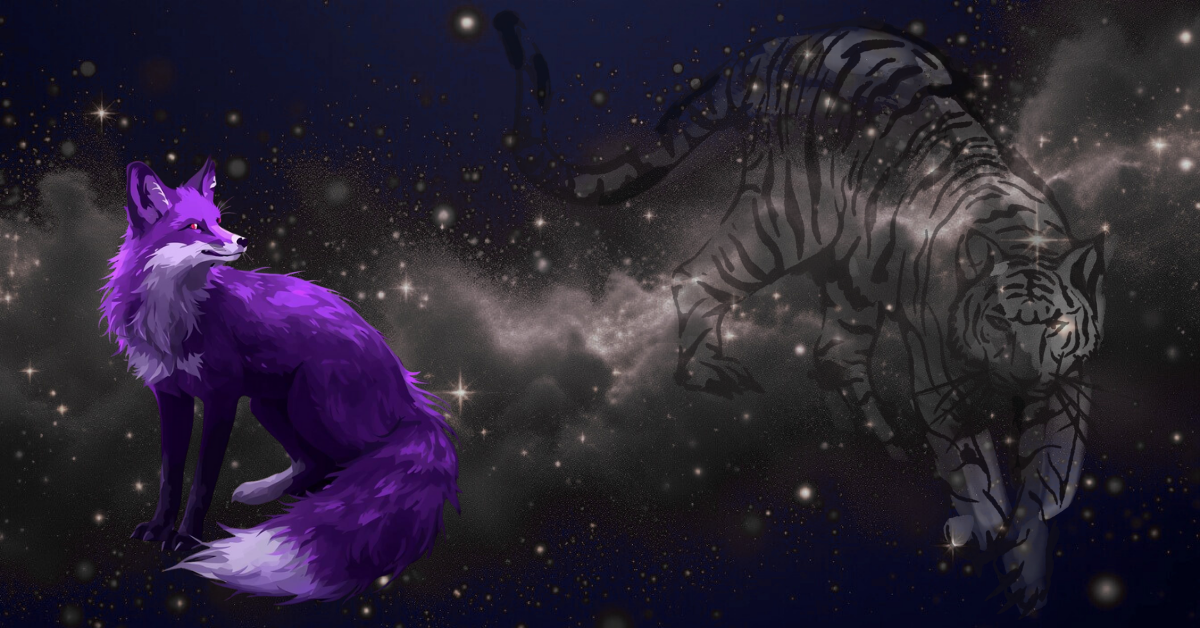 a purple fox stares at the outline of a tiger in the stars.