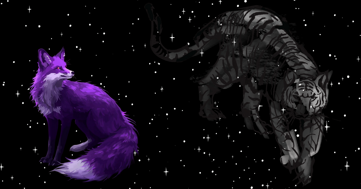 A purple fox stars at the outline of Baekho the white tiger in the starry sky.