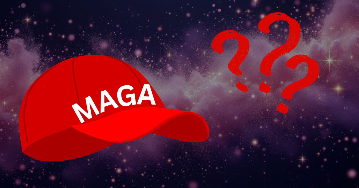 this is an image of a red maga hat with question marks beside it.