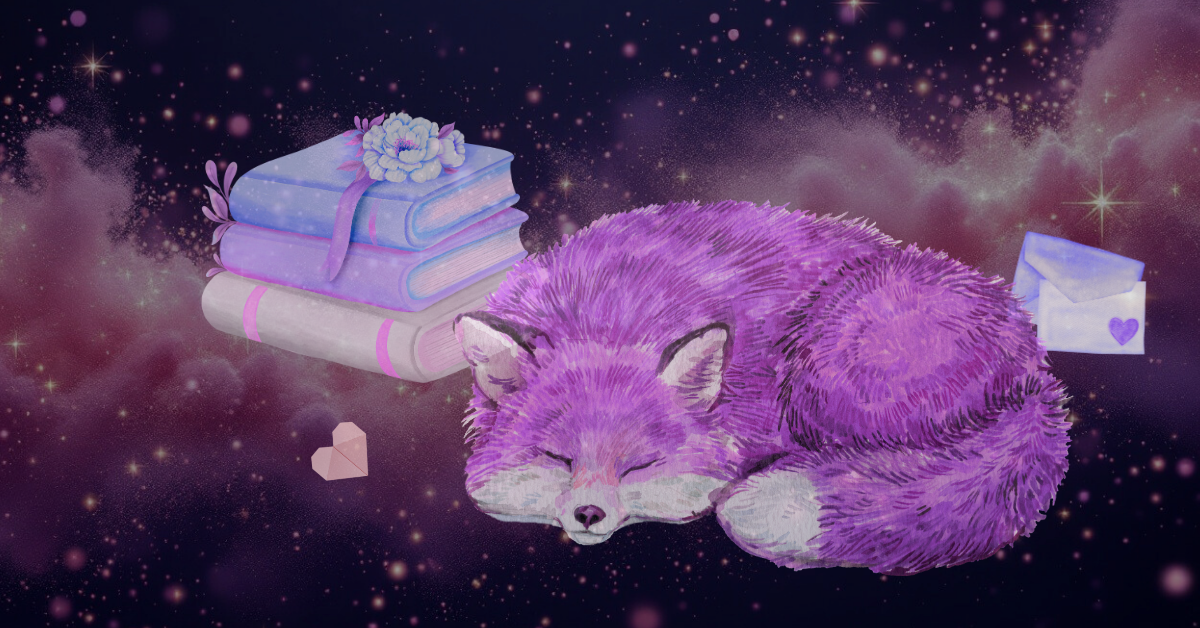 a purple fox sleeps amongst a pile of books, a folded paper heart, and a hidden love letter.