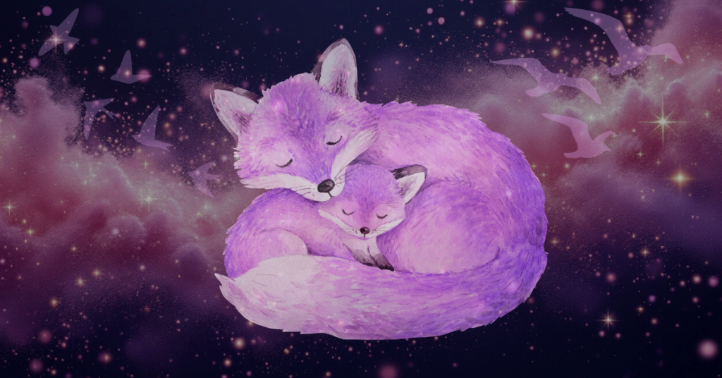 a big fox cuddles a small fox as birds fly freely in the distance.