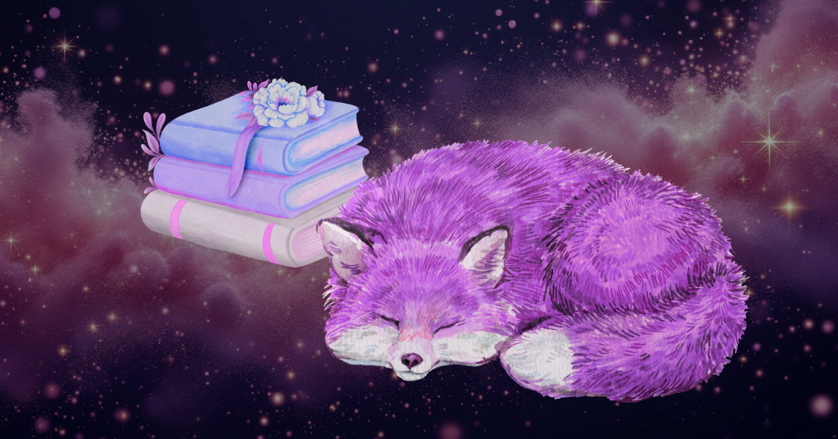 a purple fox sleeps next to a pile of books and a flower.