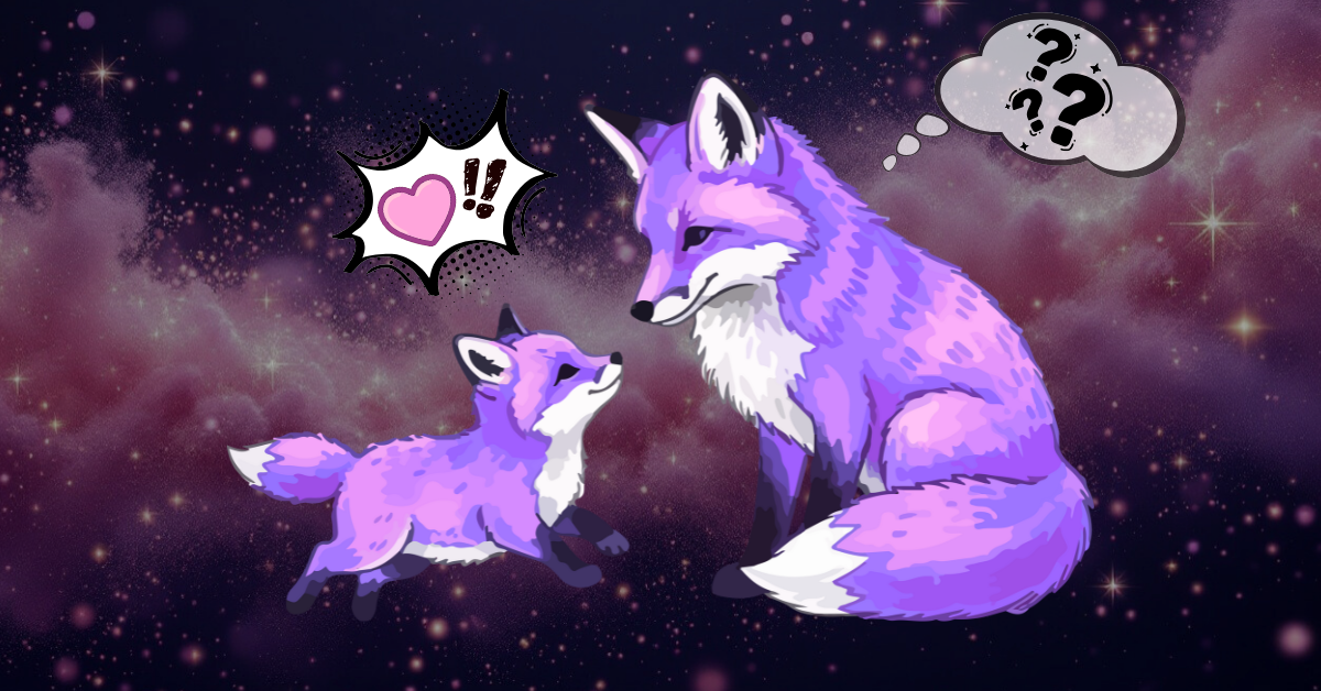 a smaller fox shouts a pink heart at a bigger fox who is confused.