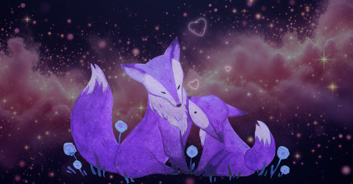 A small purple fox nuzzles a bigger fox.