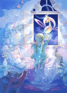 Cresselia, drawn by Rika, is outside the window of a girl's bedroom.